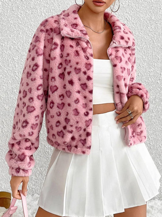 Leopard Zip Up Long Sleeve Furry Jacket-Angel Casuals
