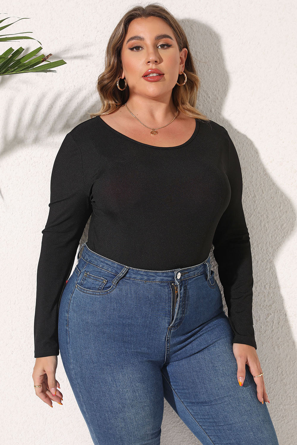 Plus Size Round Neck Long Sleeve Bodysuit-Angel Casuals