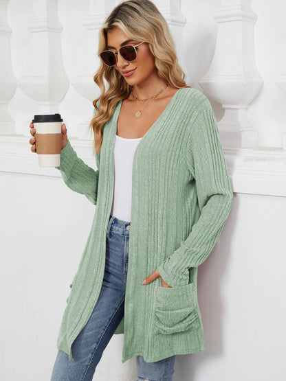 Pocketed Open Front Long Sleeve Cardigan-Angel Casuals