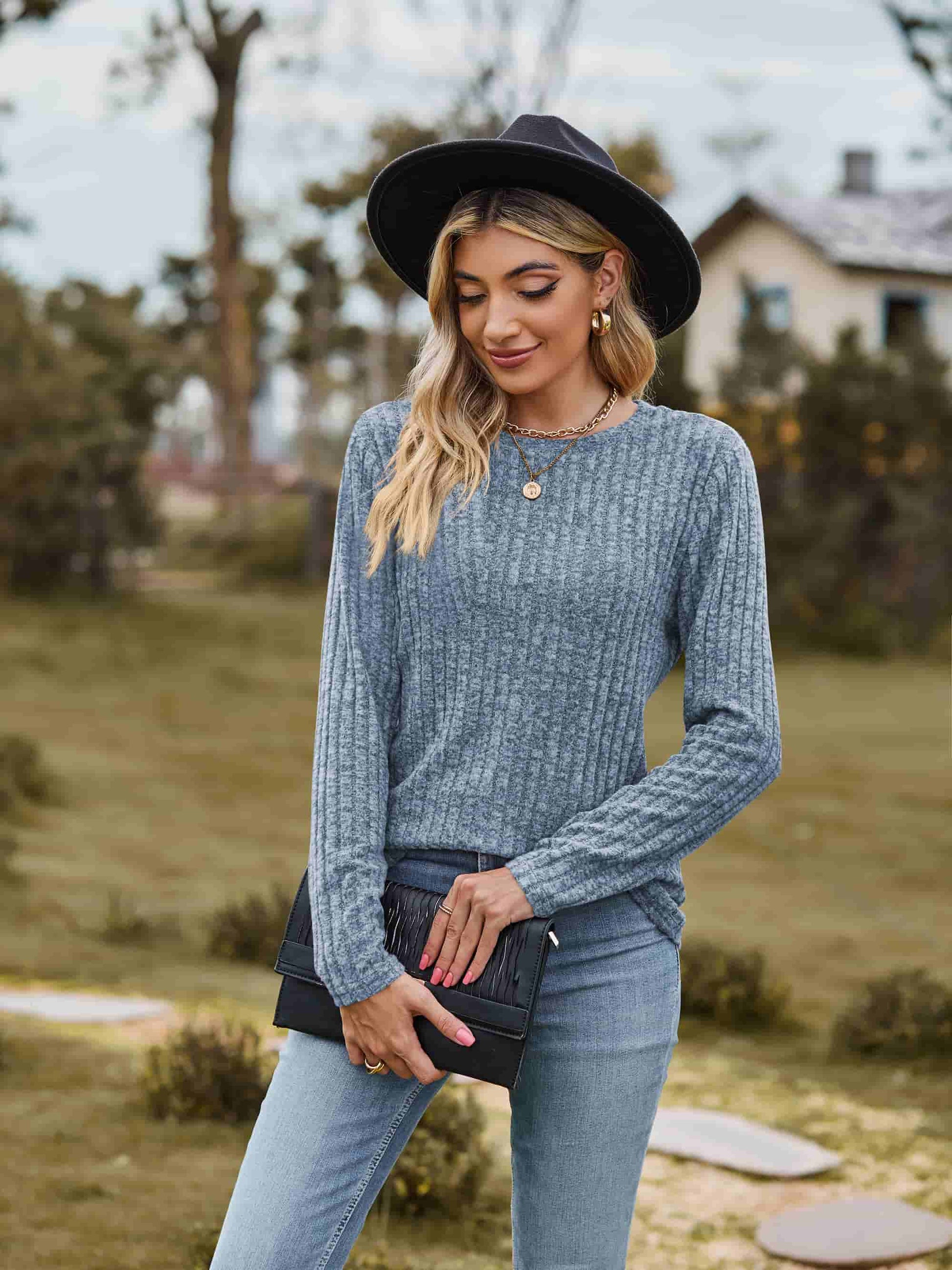 Ribbed Round Neck Long Sleeve Tee-Angel Casuals