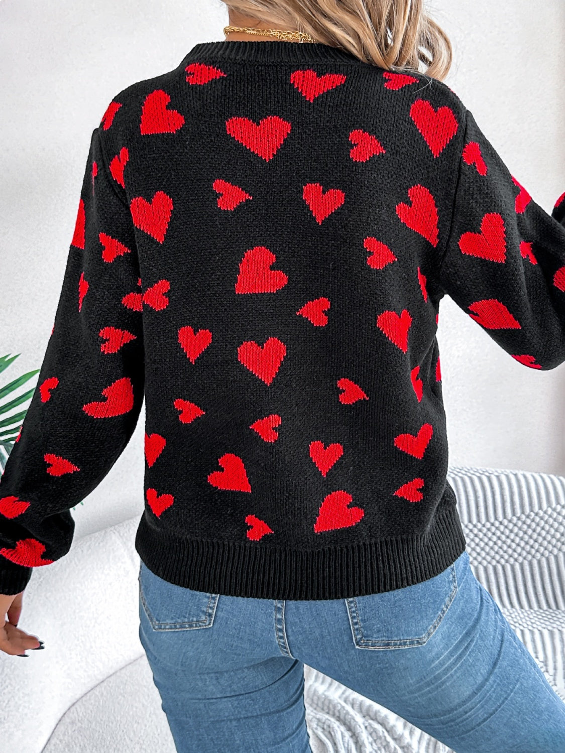 Heart Round Neck Long Sleeve Sweater-Angel Casuals