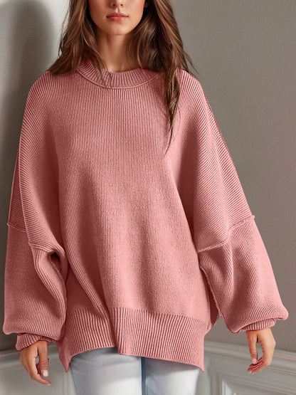 Double Take Side Slit Round Neck Long Sleeve Sweater-Angel Casuals