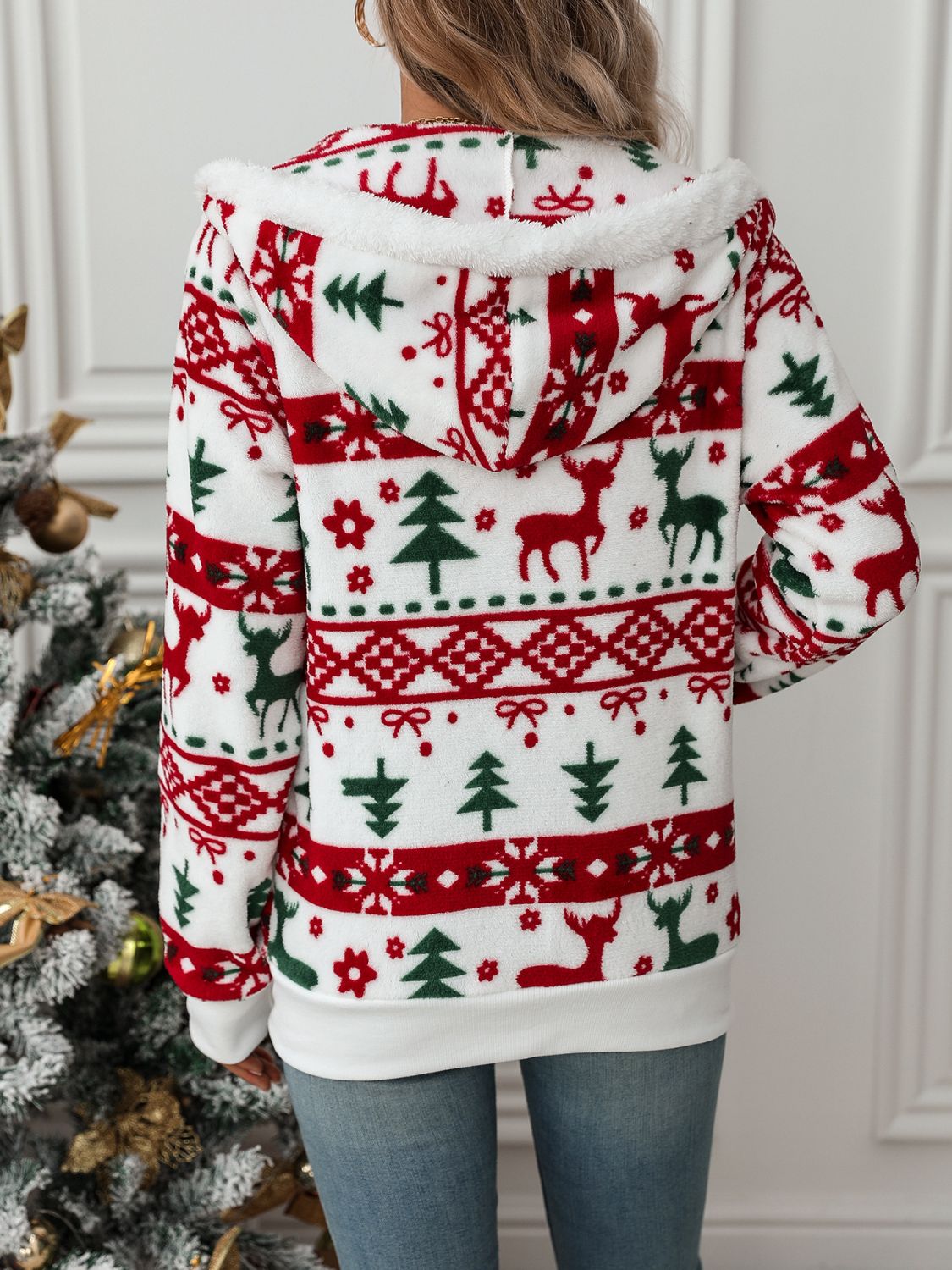 Drawstring Christmas Element Zip Up Hooded Jacket-Angel Casuals