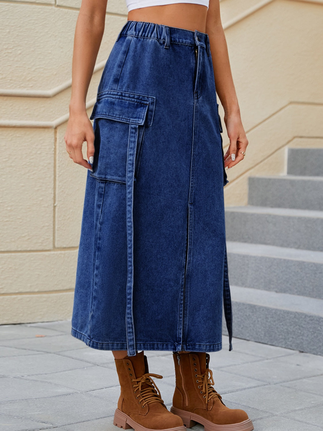 Slit Pocketed High Waist Denim Skirt-Angel Casuals