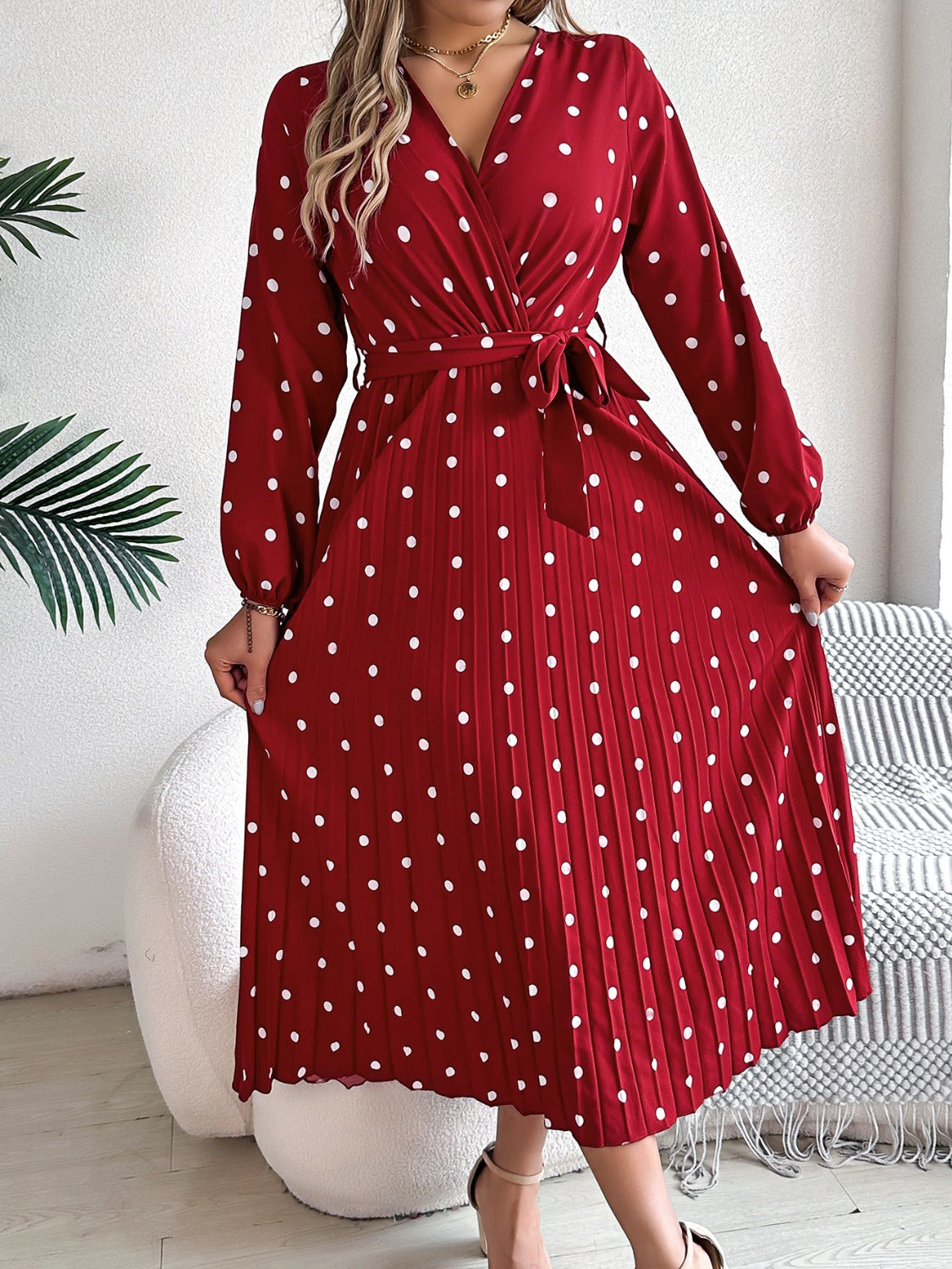 Tied Polka Dot Long Sleeve Midi Dress-Angel Casuals