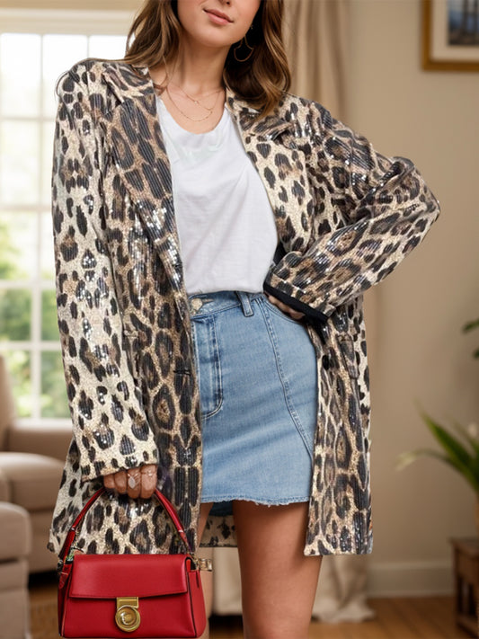 Leopard Lapel Collar Long Sleeve Longline Blazer-Angel Casuals