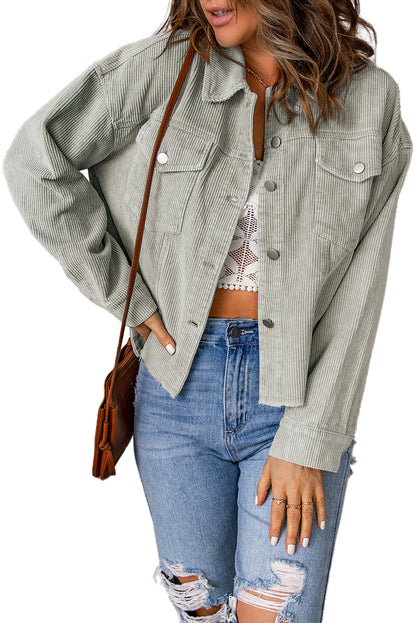 Double Take Raw Hem Button Down Corduroy Jacket with Pockets-Angel Casuals