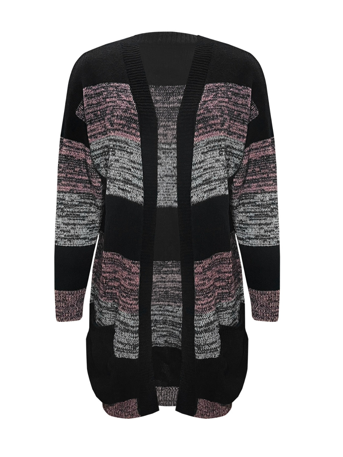 Striped Open Front Long Sleeve Cardigan with Pockets-Angel Casuals