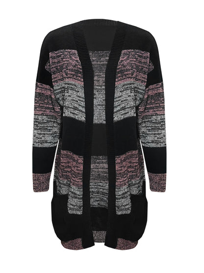 Striped Open Front Long Sleeve Cardigan with Pockets-Angel Casuals