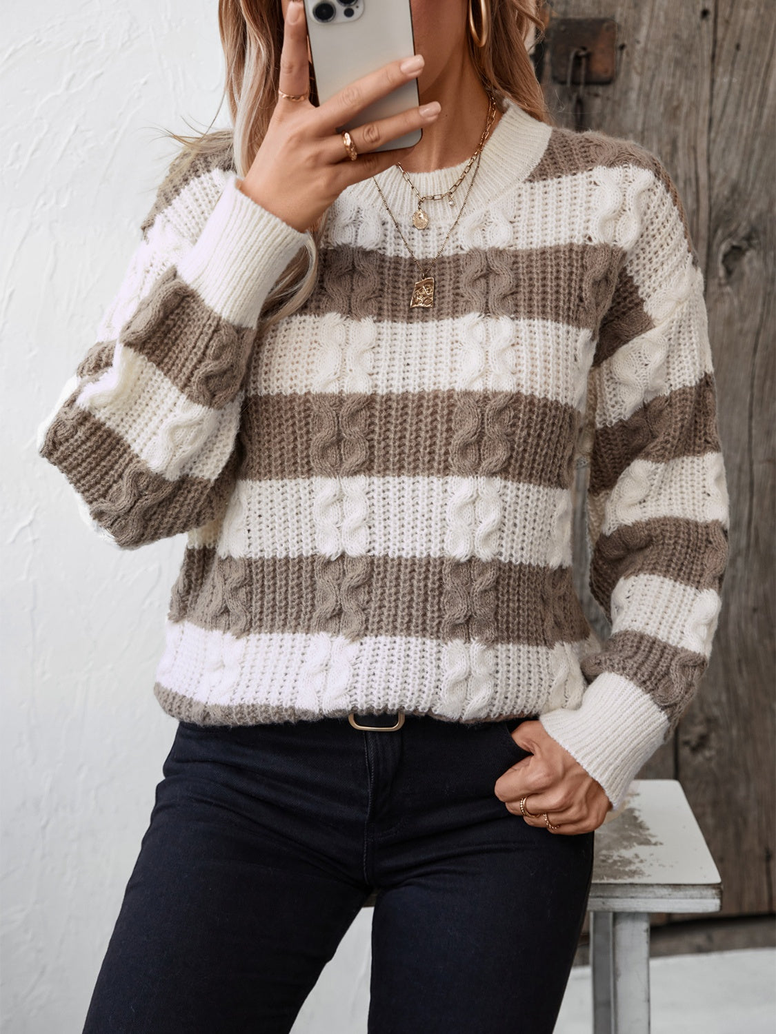 Striped Round Neck Long Sleeve Sweater-Angel Casuals