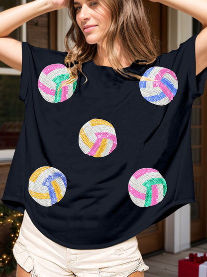 Sequin Round Neck Short Sleeve T-Shirt-Angel Casuals