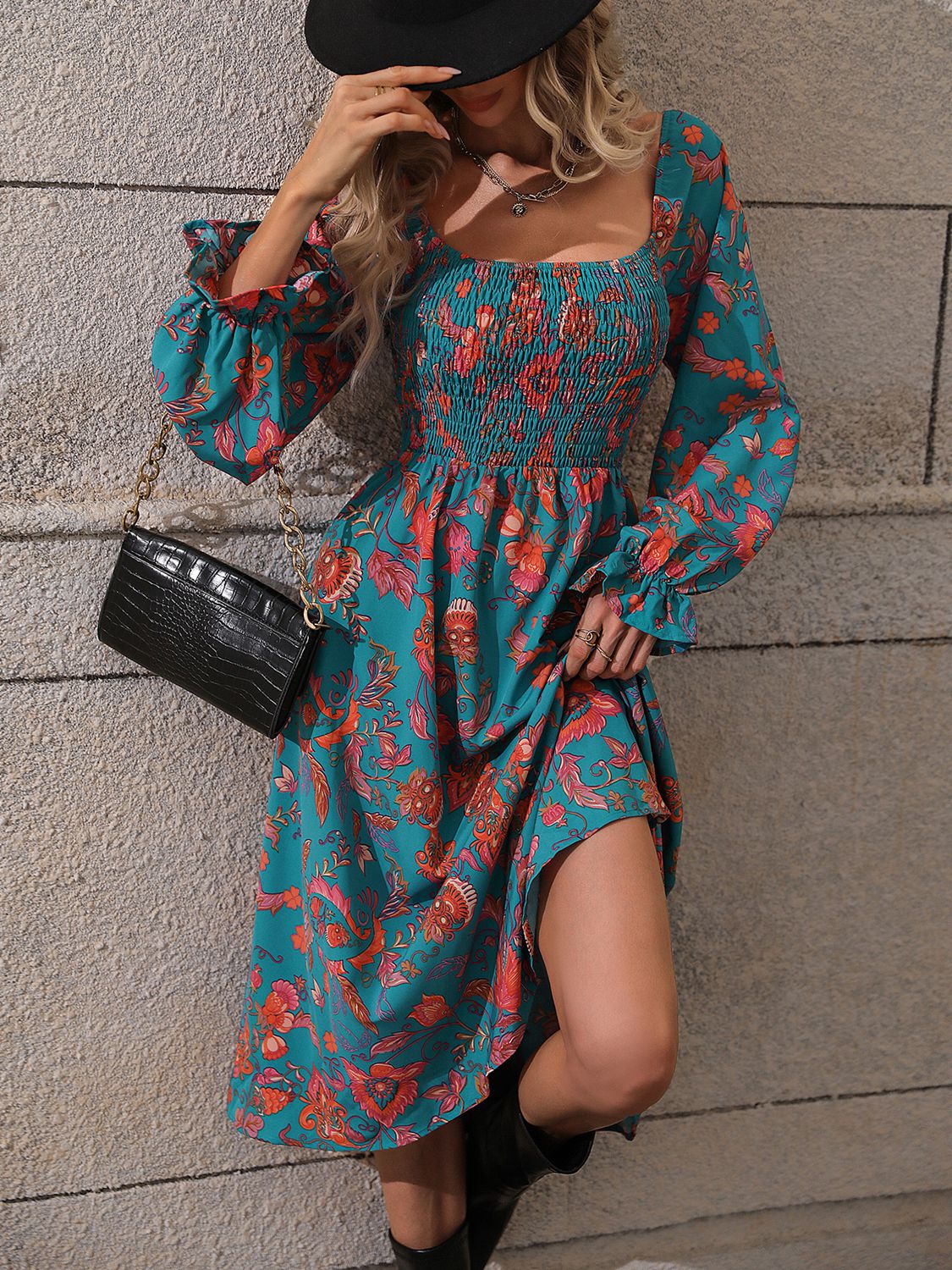 Printed Square Neck Flounce Sleeve Dress-Angel Casuals