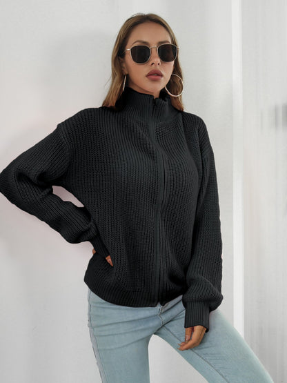 Turtleneck Zip Up Long Sleeve Knit Top-Angel Casuals