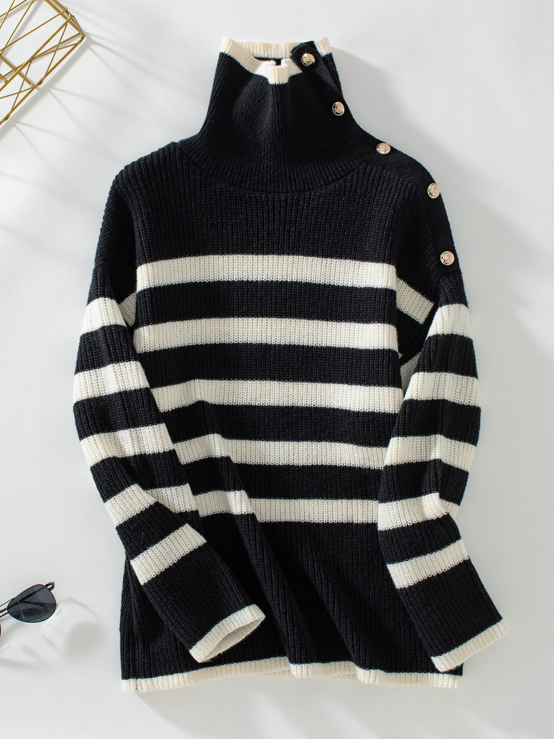 Buttoned Striped Long Sleeve Sweater-Angel Casuals