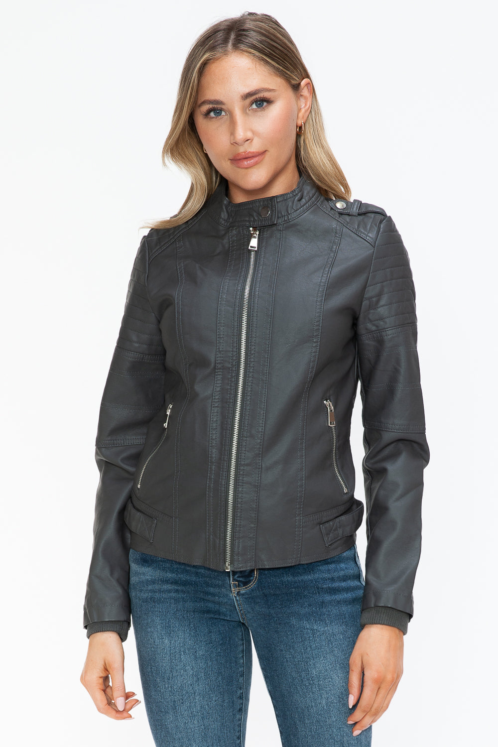 Snobbish PU Leather Biker Jacket with Side Zip Pockets-Angel Casuals