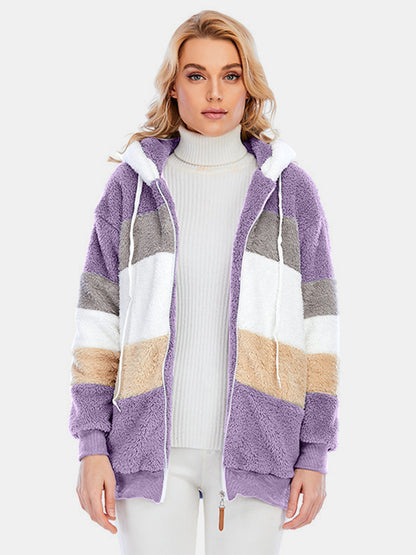 Full Size Drawstring Color Block Zip Up Hooded Outerwear-Angel Casuals