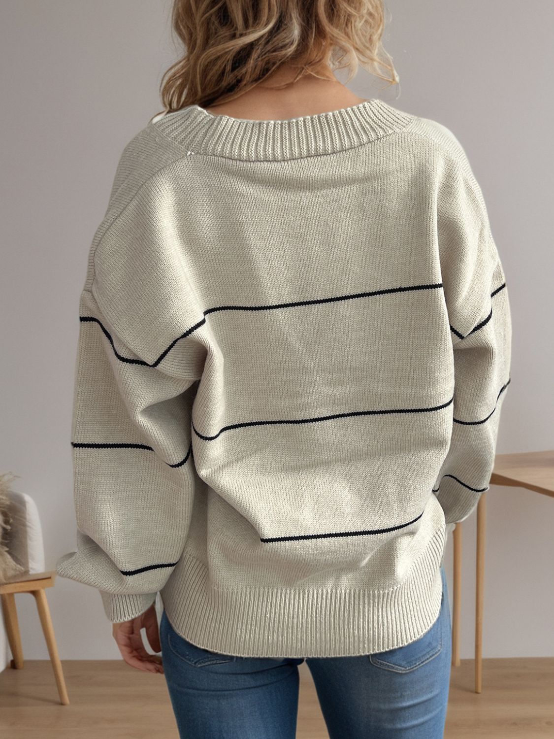 Striped Button Down V-Neck Long Sleeve Cardigan-Angel Casuals
