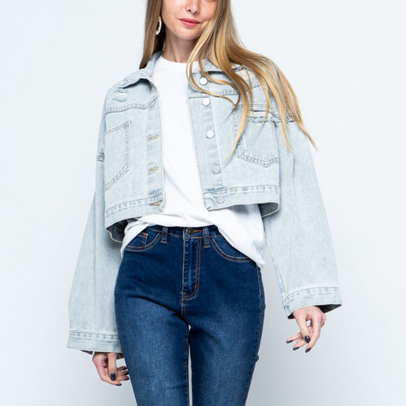 Cropped Collared Neck Dropped Shoulder Denim Jacket-Angel Casuals