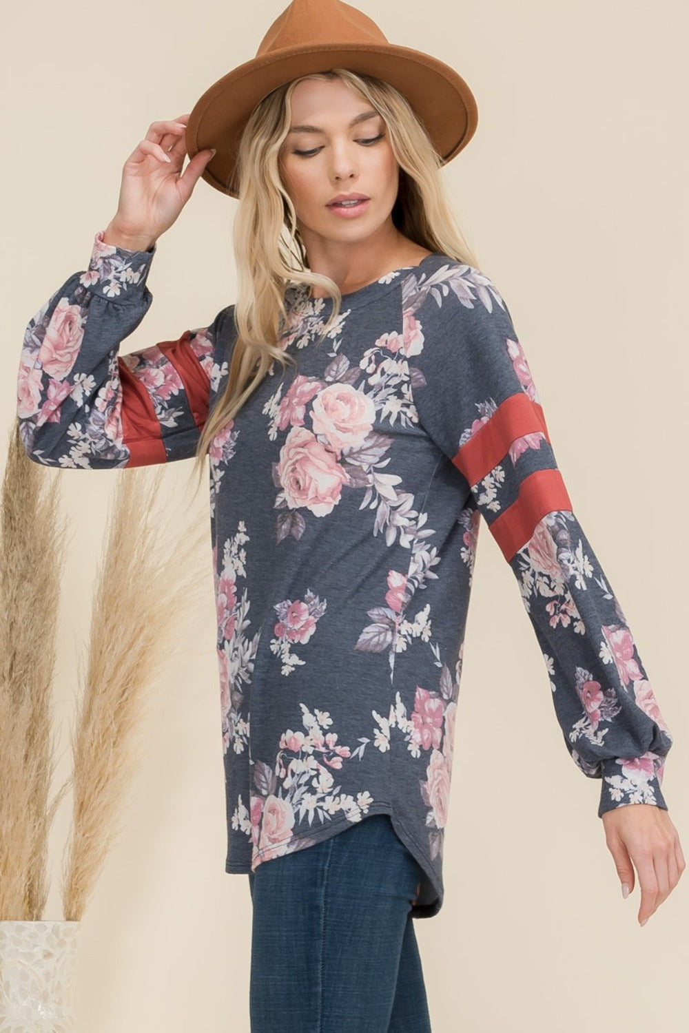 Celeste Full Size Floral Curved Hem T-Shirt with Stripe Detail-Angel Casuals