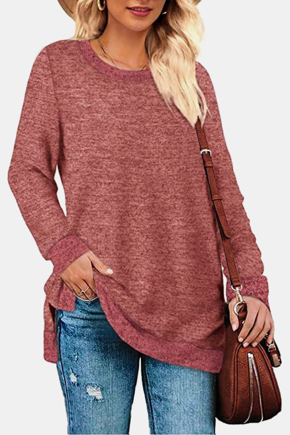 Round Neck Long Sleeve Slit T-Shirt-Angel Casuals