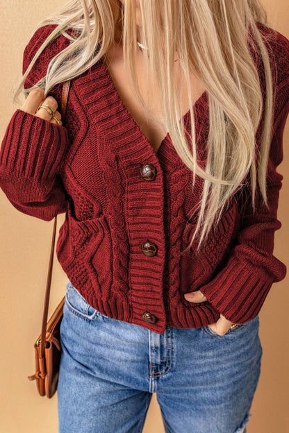 Cable-Knit Button Down V-Neck Cardigan-Angel Casuals