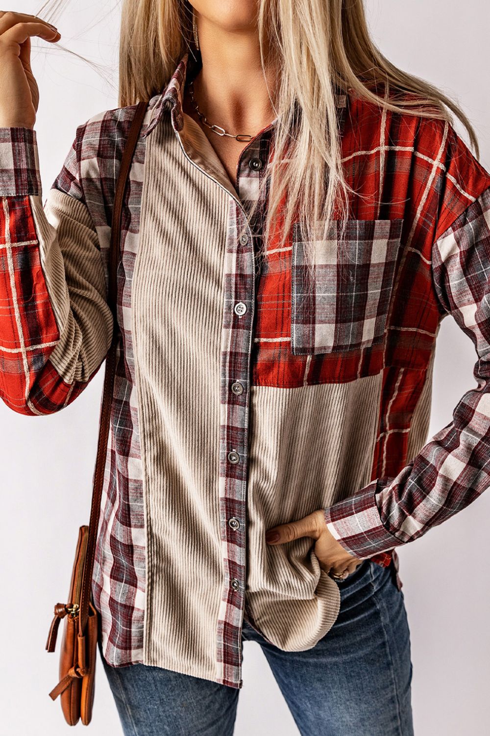 Plaid Patchwork Collared Neck Shacket-Angel Casuals