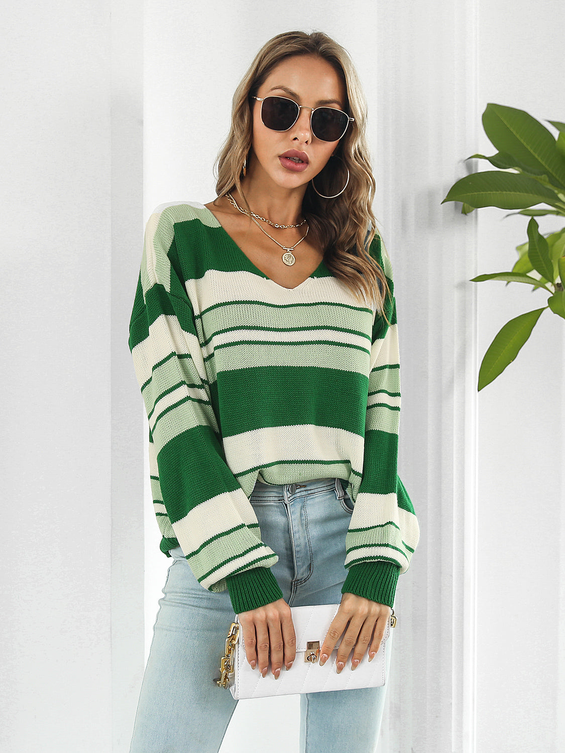 Striped V-Neck Long Sleeve Knit Top-Angel Casuals