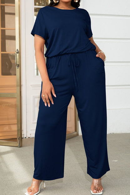 Plus Size Drawstring Waist Short Sleeve Jumpsuit-Angel Casuals