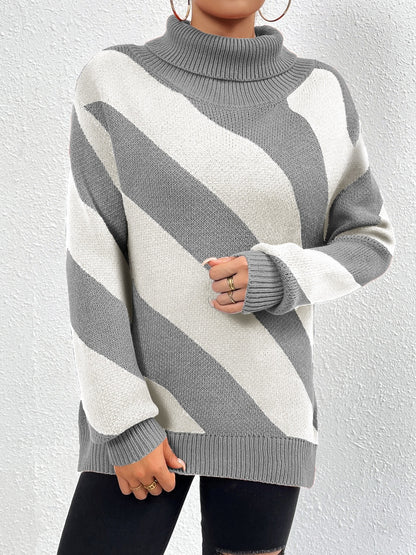 Striped Turtleneck Dropped Shoulder Sweater-Angel Casuals