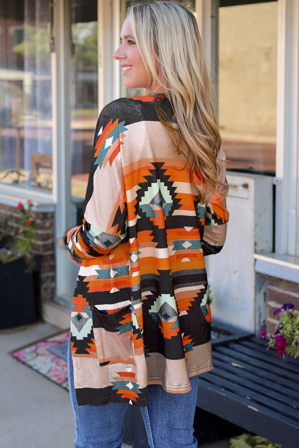 Geometric Open Front Long Sleeve Cardigan with Pockets-Angel Casuals
