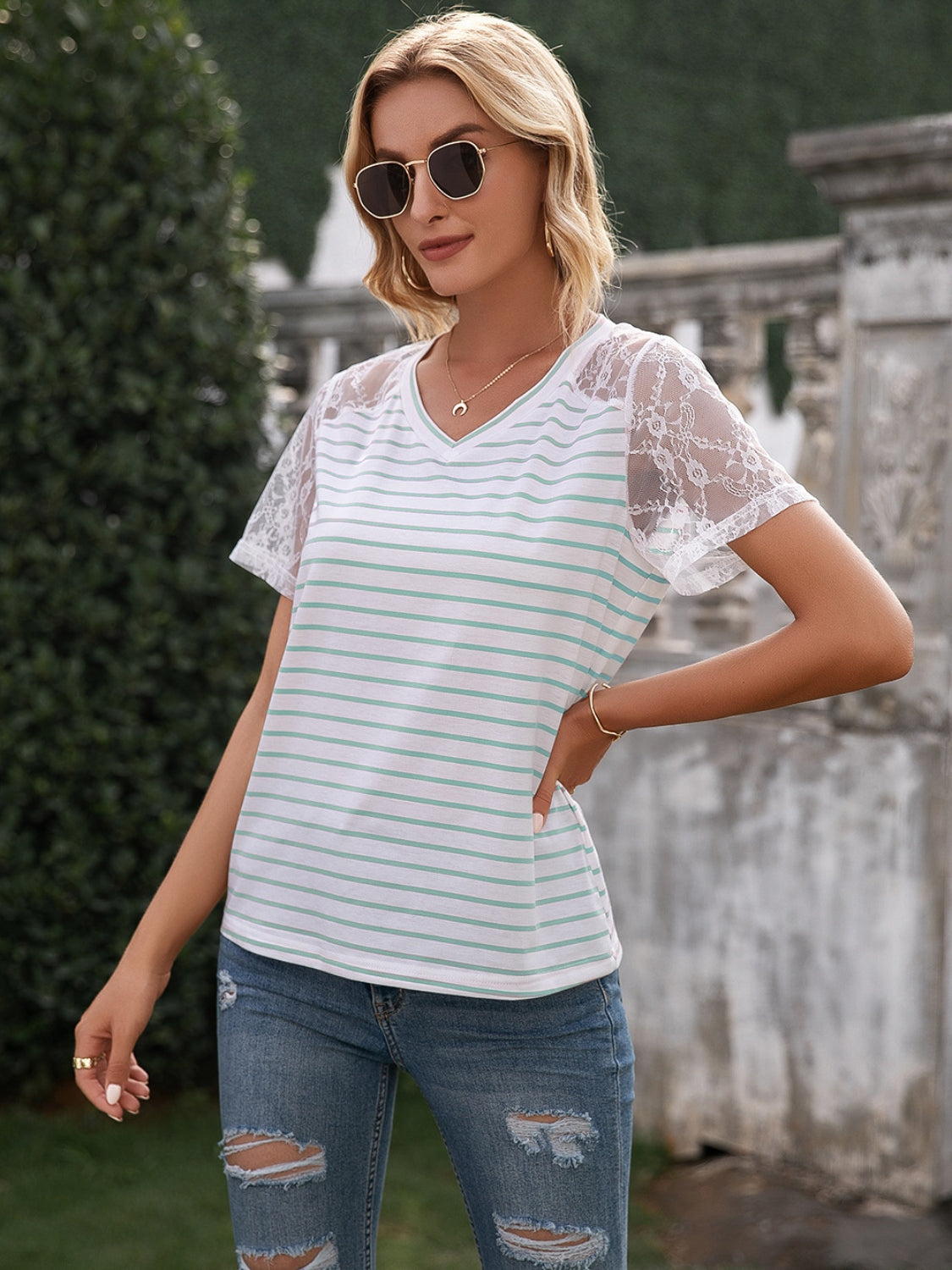 Lace Detail Striped V-Neck T-Shirt-Angel Casuals