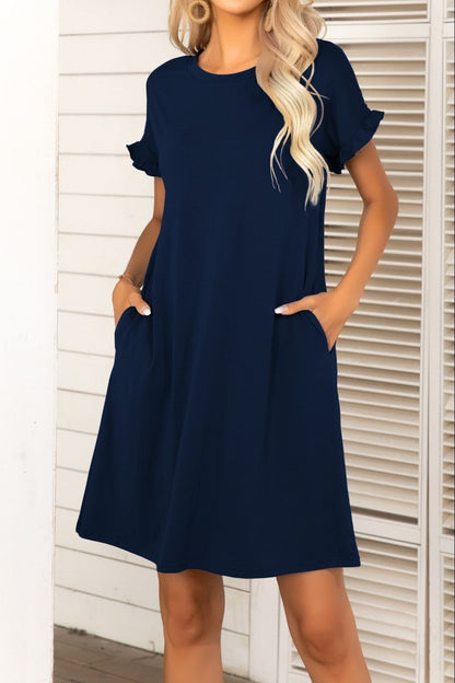 Flounce Sleeve Round Neck Dress with Pockets-Angel Casuals