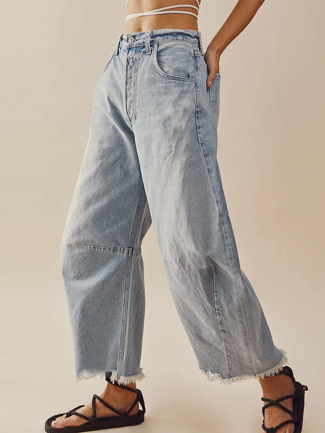 Raw Hem Wide Leg Jeans with Pockets-Angel Casuals