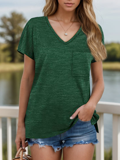 Pocketed Heathered V-Neck Short Sleeve T-Shirt-Angel Casuals