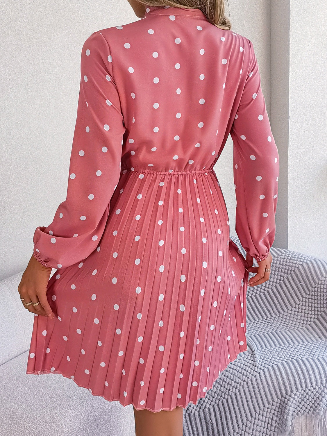 Polka Dot Tie Neck Pleated Dress-Angel Casuals