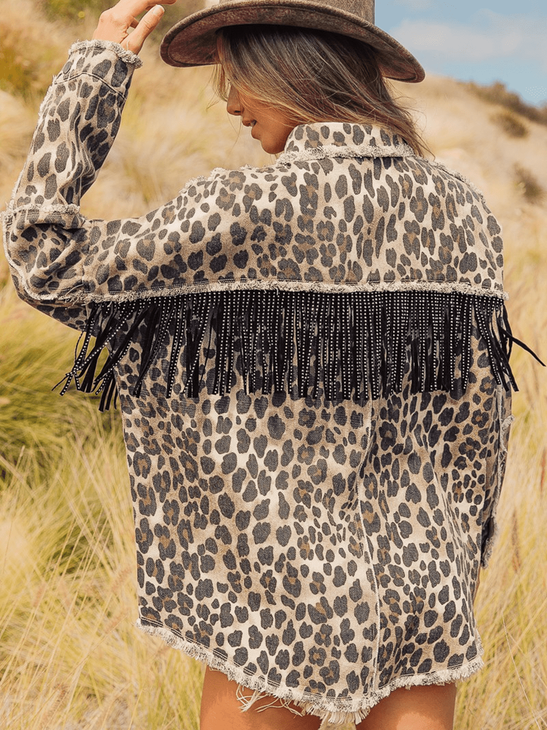 Leopard Fringe Detail Collared Neck Denim Jacket-Angel Casuals