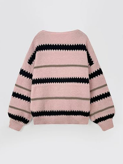 Contrast Striped Round Neck Long Sleeve Sweater-Angel Casuals