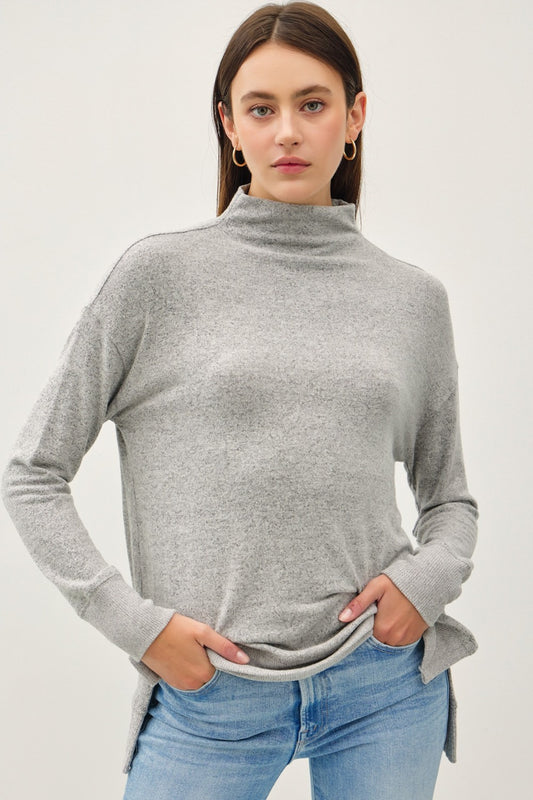 Be Cool Side Slit Mock Neck Long Sleeve Tunic Top-Angel Casuals