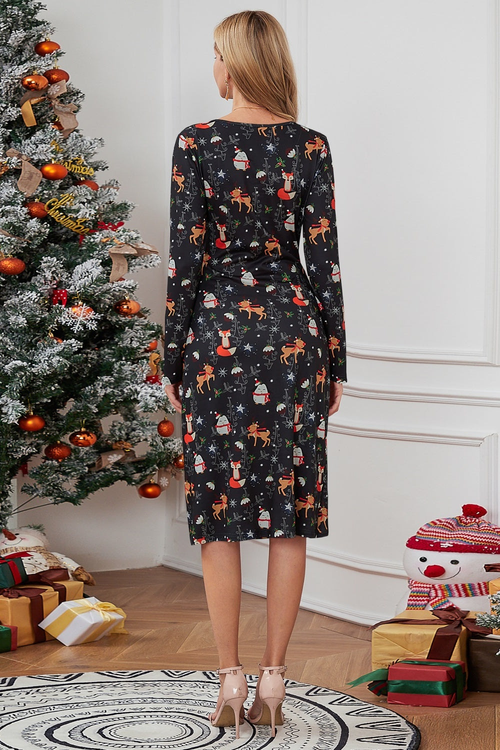 Christmas Element Print Long Sleeve Dress-Angel Casuals