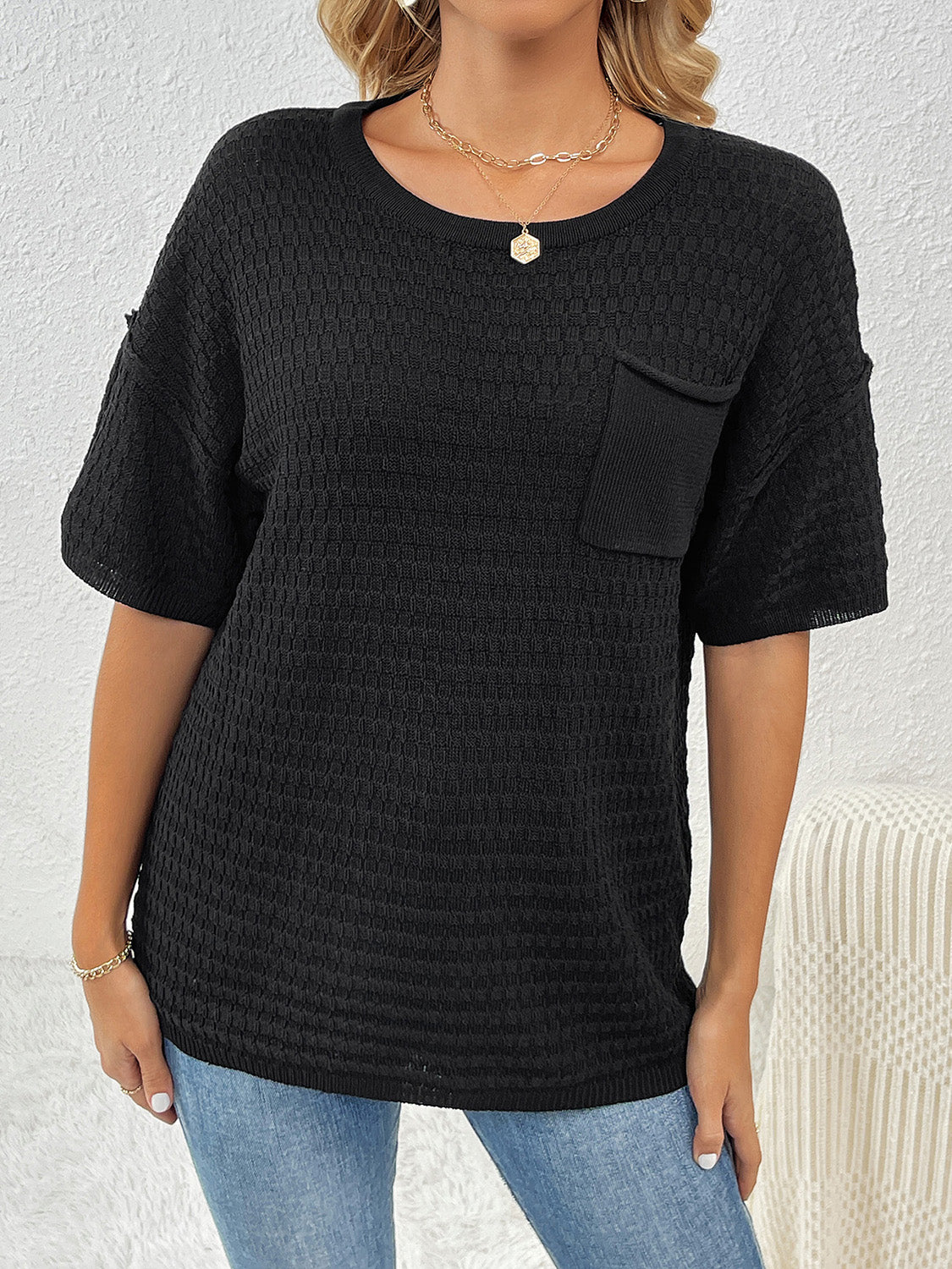 Round Neck Half Sleeve Knit Top-Angel Casuals