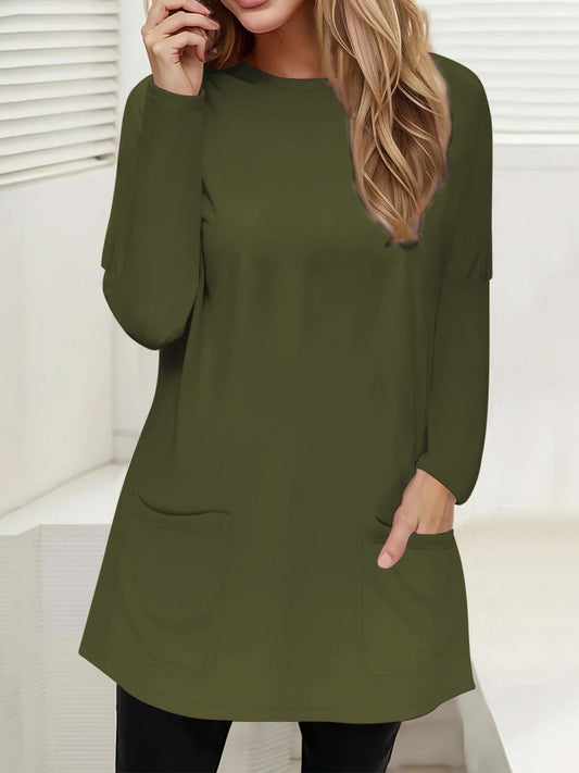 Full Size Pocketed Round Neck Long Sleeve T-Shirt-Angel Casuals