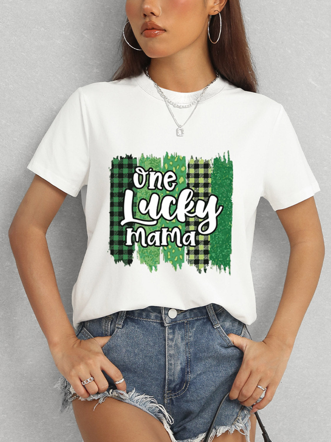 ONE LUCKY MAMA Round Neck T-Shirt-Angel Casuals