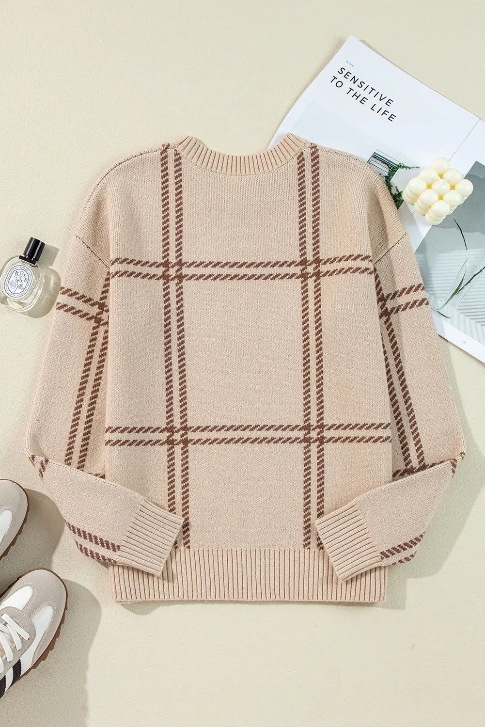 Plaid Round Neck Dropped Shoulder Sweater-Angel Casuals