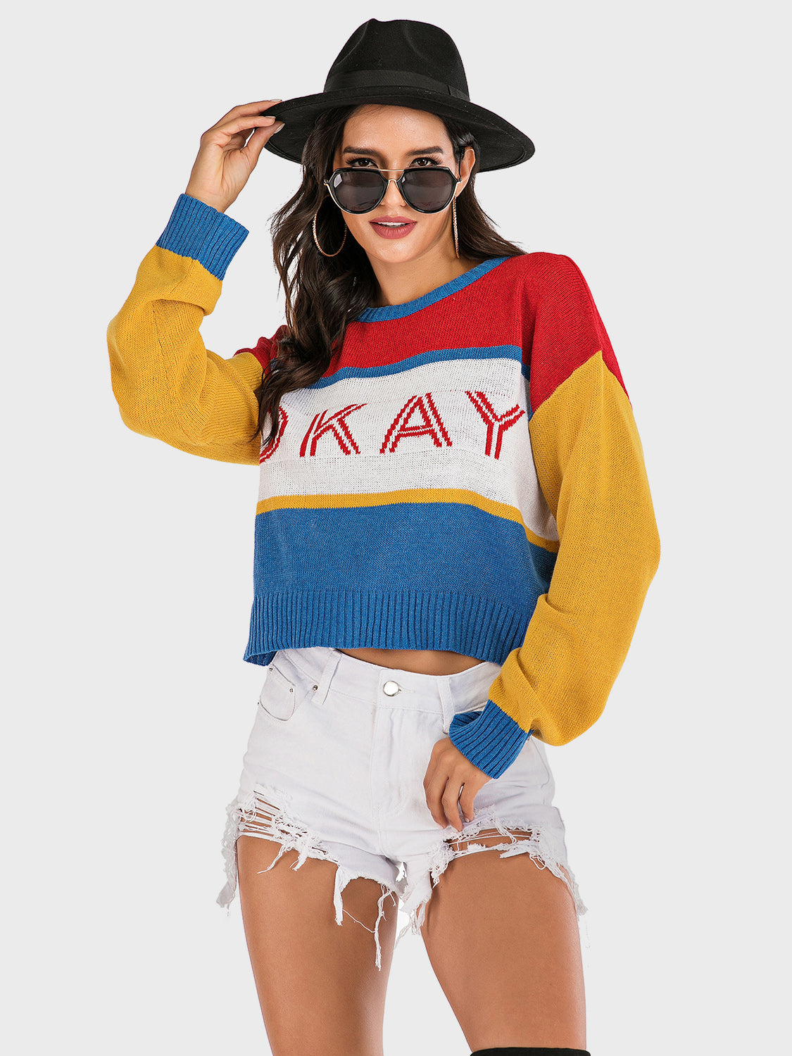 Perfee OKAY Contrast Dropped Shoulder Long Sleeve Sweater-Angel Casuals