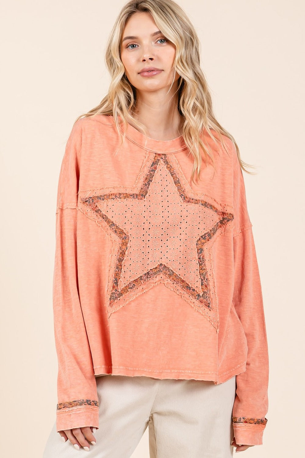 Mittoshop Mineral Wash Star Patch Long Sleeve T-Shirt-Angel Casuals