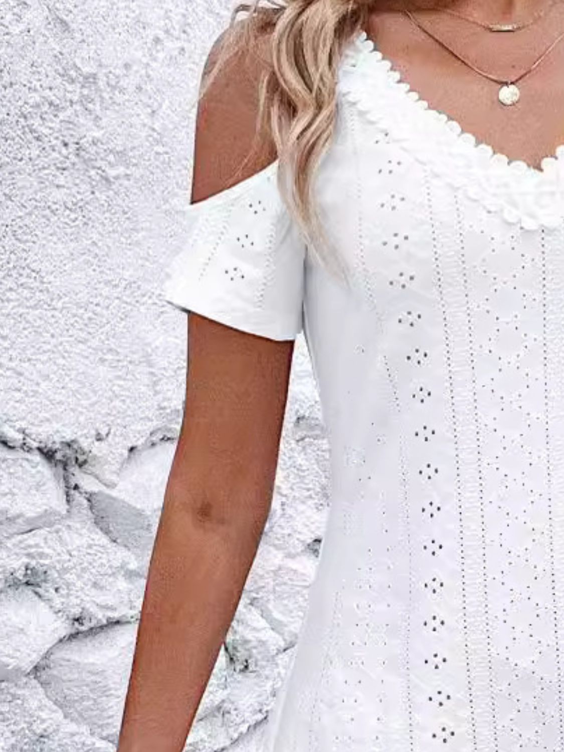 Eyelet V-Neck Cold Shoulder Mini Dress-Angel Casuals