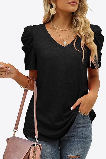 V-Neck Puff Sleeve Tee-Angel Casuals