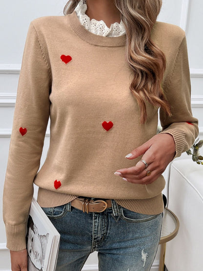 Devine Lace Detail Heart Long Sleeve Sweater-Angel Casuals