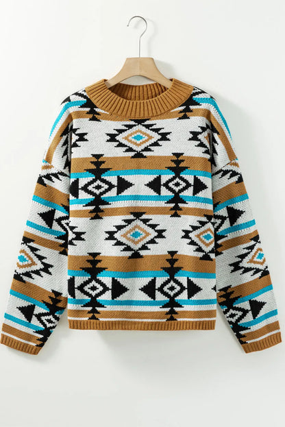 Full Size Geometric Round Neck Long Sleeve Sweater-Angel Casuals