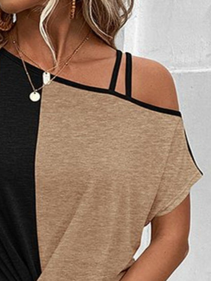 Contrast Asymmetrical Neck Short Sleeve T-Shirt-Angel Casuals